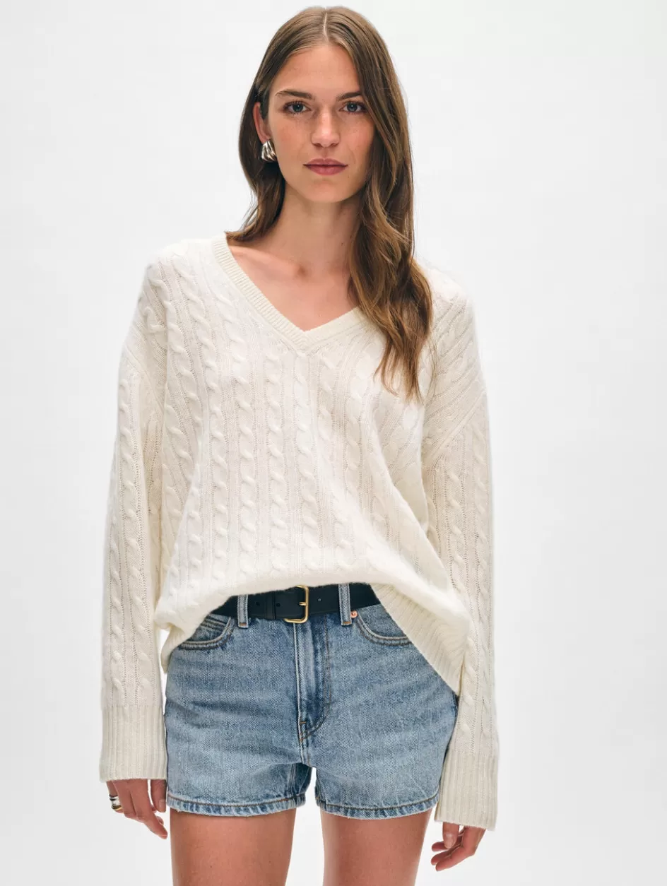 White + Warren Sweaters-cashmere cable knit v neck