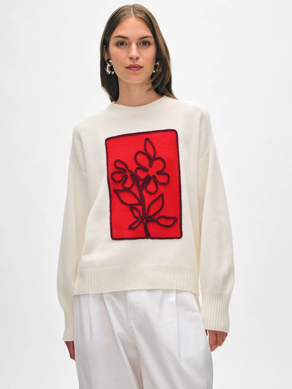 White + Warren Sweaters-cashmere floral appliqué crewneck