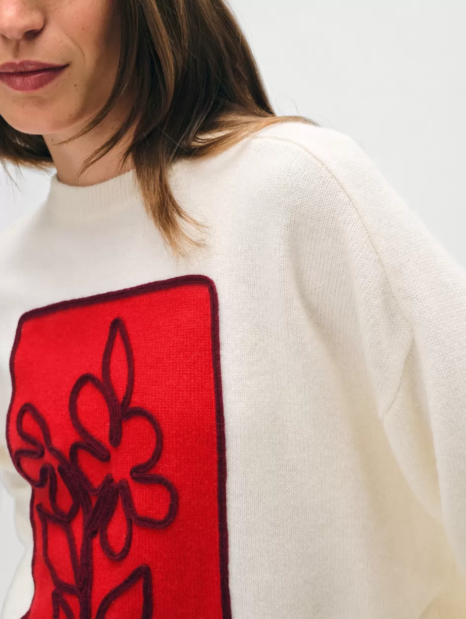 White + Warren Sweaters-cashmere floral appliqué crewneck