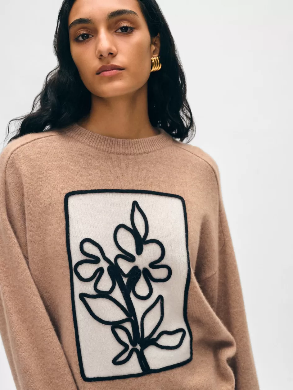 White + Warren Sweaters-cashmere floral appliqué crewneck