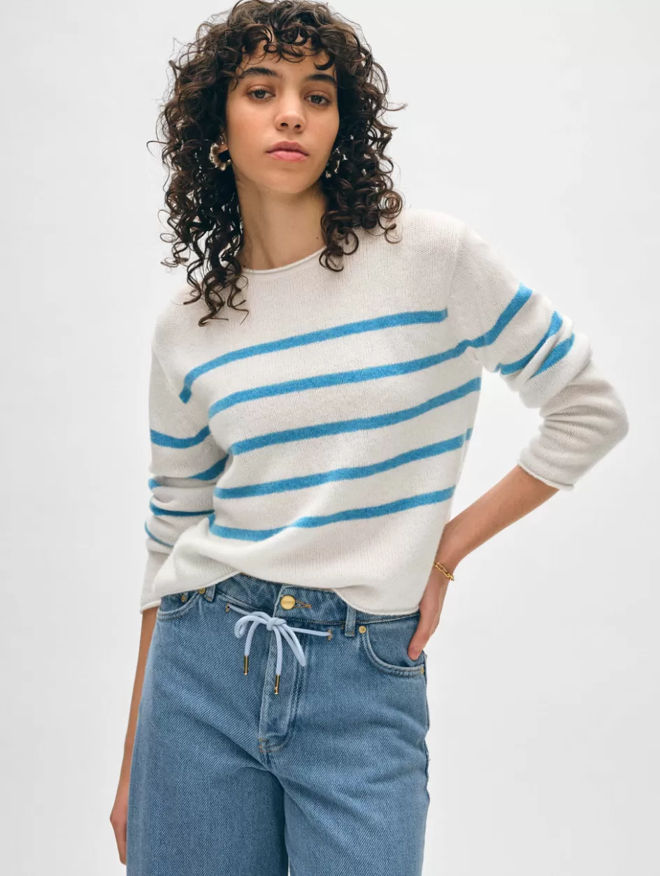 White + Warren Sweaters-cashmere striped roll trim crewneck